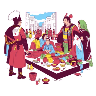 A duotone illustration features "Genghis Khan" in a regal stance, adorned in traditional Mongolian armor. He observes intently as "traders from distant lands" engage in a lively cultural exchange. The scene is set in a bustling marketplace, filled with vibrant fabrics and ornate goods from various cultures. The traders exhibit a variety of wares, including intricate pottery and colorful textiles. In the background, a small group of onlookers gathers, intrigued by the exchange. The atmosphere is dynamic, reflecting the richness of diverse traditions coming together.