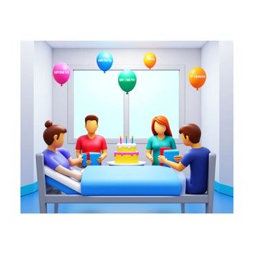 A hospital ward with bright white walls and a large window letting in natural light. In the center of the room, a small gathering of people is celebrating a patient's birthday. There are colorful balloons floating around the ceiling, including "happy birthday" decorations. A small table is set up with a beautifully decorated birthday cake featuring candles on top. The patient is sitting up in bed, smiling, while others are gathered around, holding presents and sharing in the joy of the celebration.
