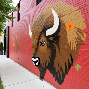 A bison head mural featuring rich brown fur with detailed textures, positioned prominently against a rough, red brick wall. The bison's large, curved horns extend outward, creating a striking visual impact. Colorful splashes of orange and green paint are artistically incorporated into the design, adding vibrancy to the mural. Surrounding the mural, the urban setting includes a concrete sidewalk and hints of greenery from nearby trees, contrasting with the ruggedness of the brick wall.