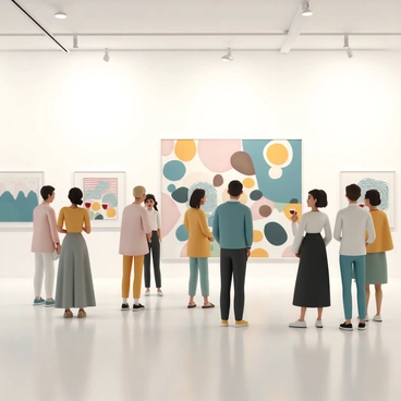A spacious gallery filled with contemporary art pieces displayed on white walls. Various guests, dressed in formal attire, are mingling throughout the room. Some guests are sipping red and white wine from elegant glasses while others are standing in front of the art, admiring the vibrant colors and intricate designs. The lighting is soft and warm, creating a welcoming ambiance. A few guests are engaged in conversation, their expressions animated as they discuss the artwork. In the background, a large abstract painting dominates the scene, capturing the attention of several visitors.