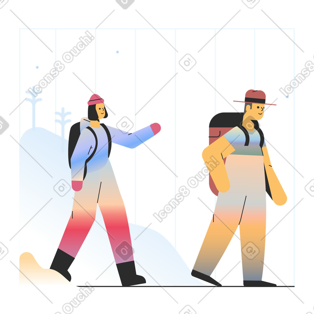 Marginalia スタイルの バックパックを持つ男性と一緒にハイキングする女性 のイラストをPNG、SVG形式でダウンロード