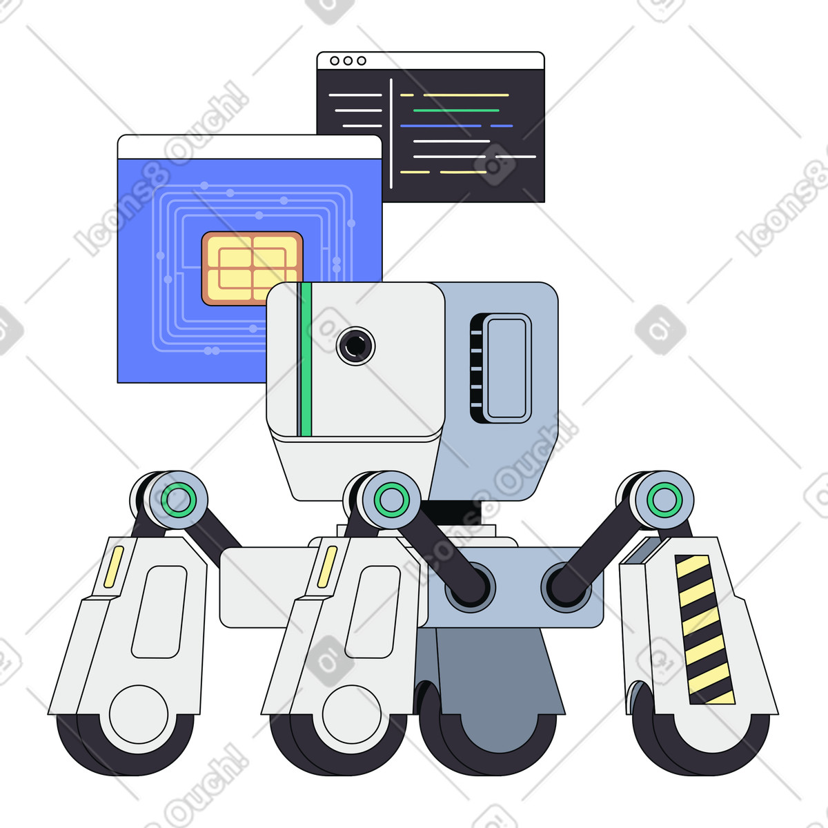 Robotics and Software Engineering Automation, Machine Learning Agent with Code and Hardware Interface illustration in Teko style download in PNG, SVG