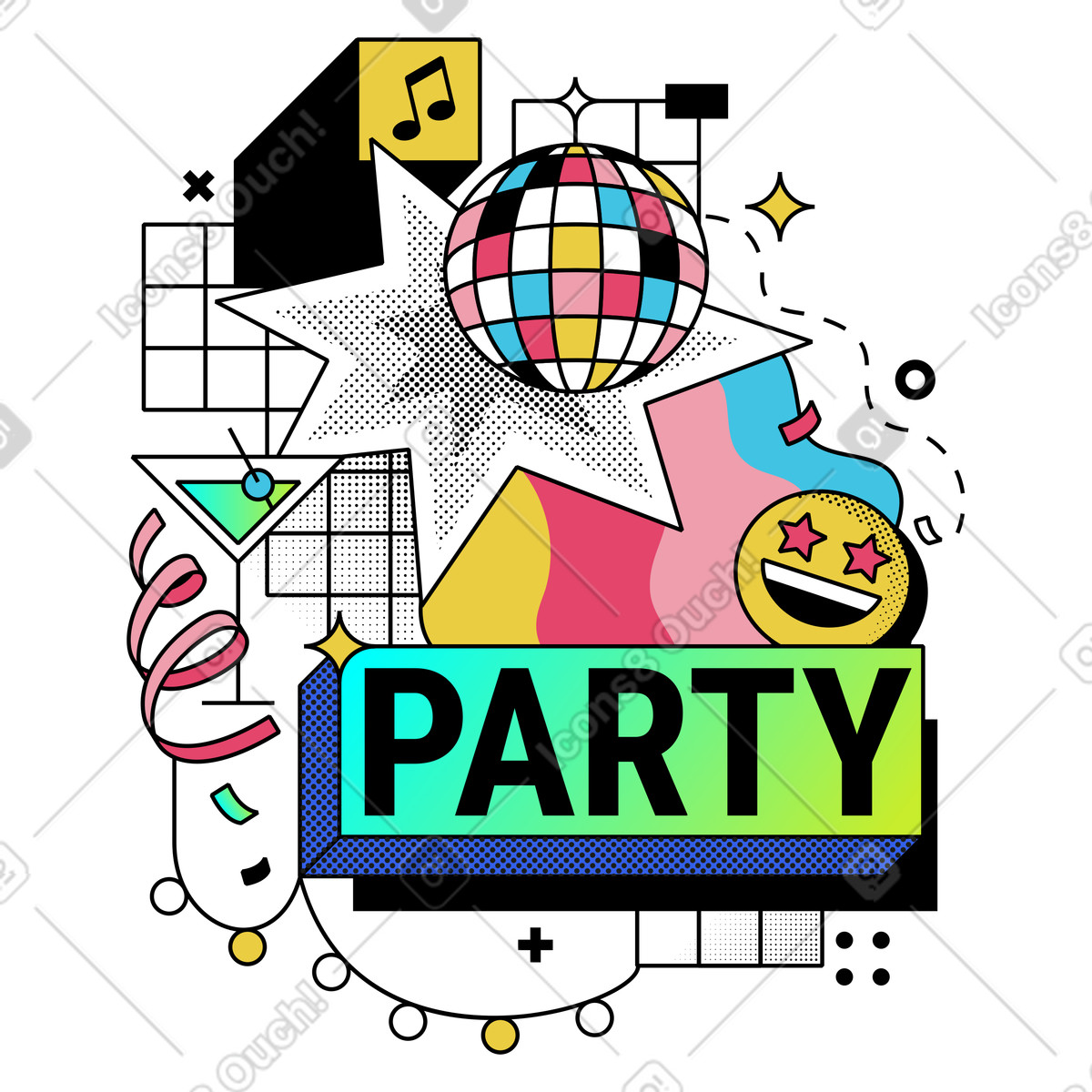 Disco ball and music at party illustration in Memphis style download in PNG, SVG