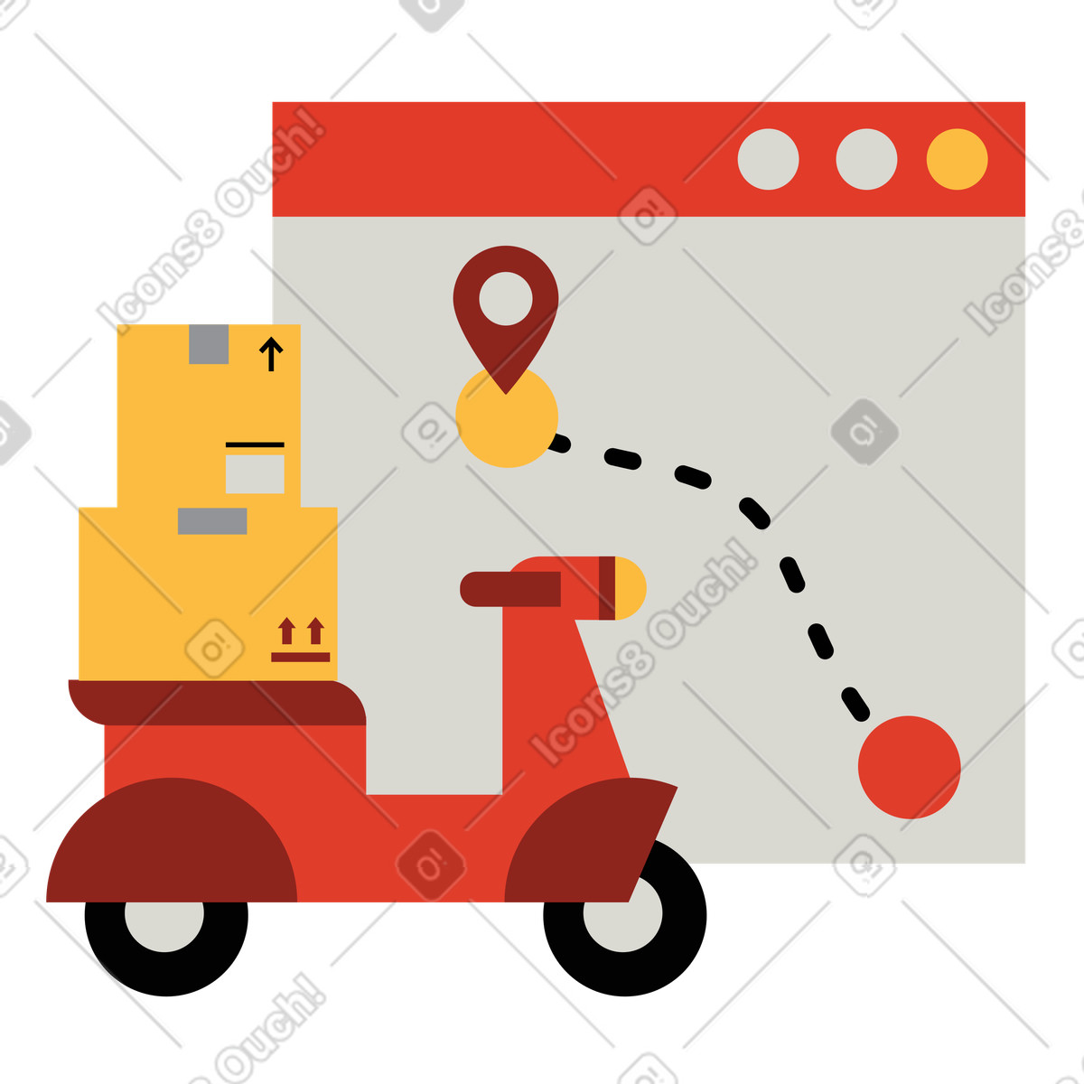 Scooter with packages and browser window route, Online order tracking or logistics planning illustration in Burgundy style download in PNG, SVG