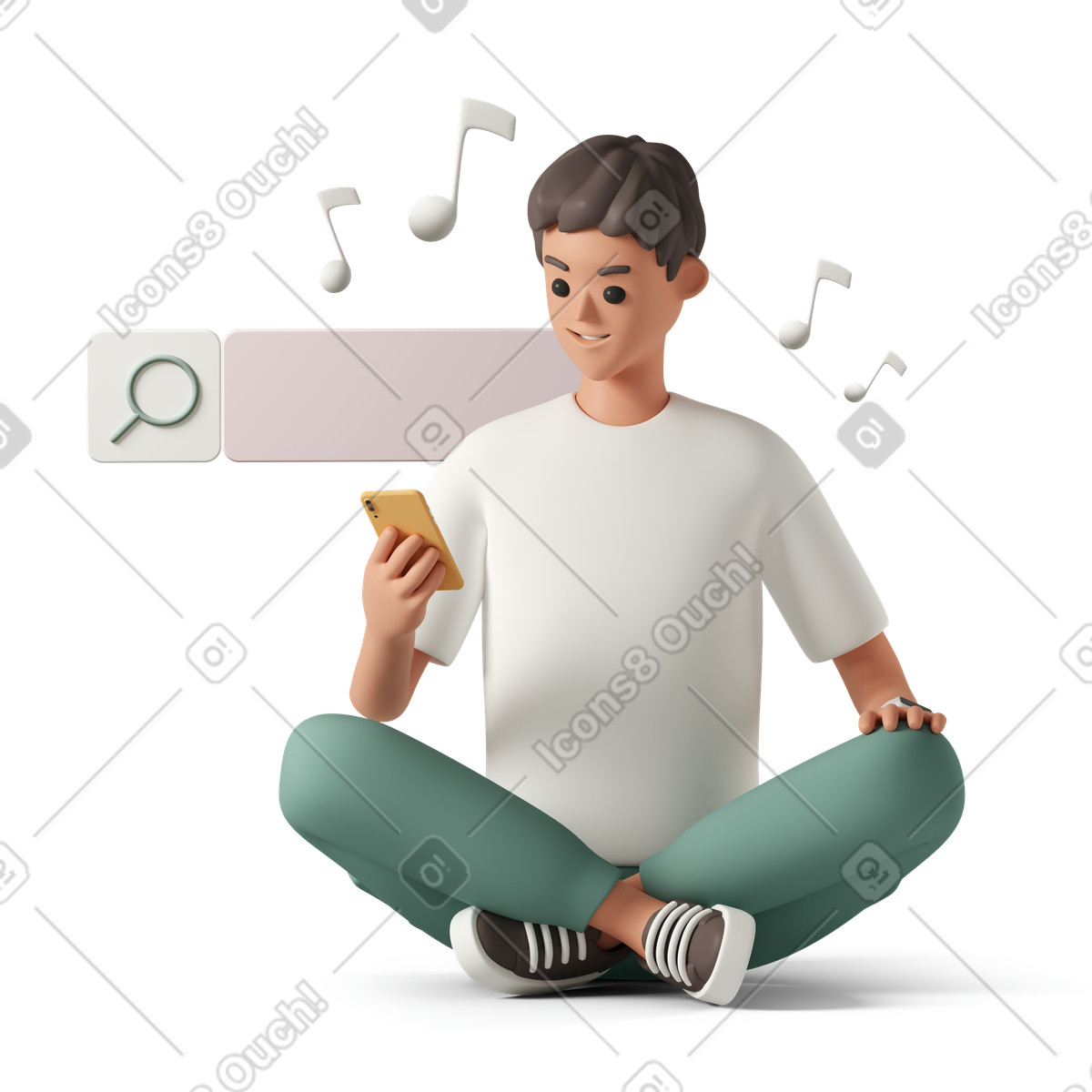 Man searching music with phone illustrazione in stile 3D Casual life scarica in PNG, SVG