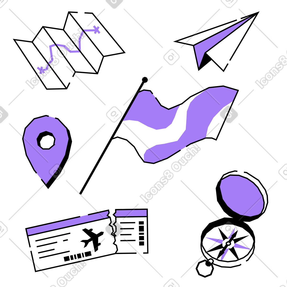 Traveling items: map, compass, airplane ticket illustration in Amethyst style download in PNG, SVG