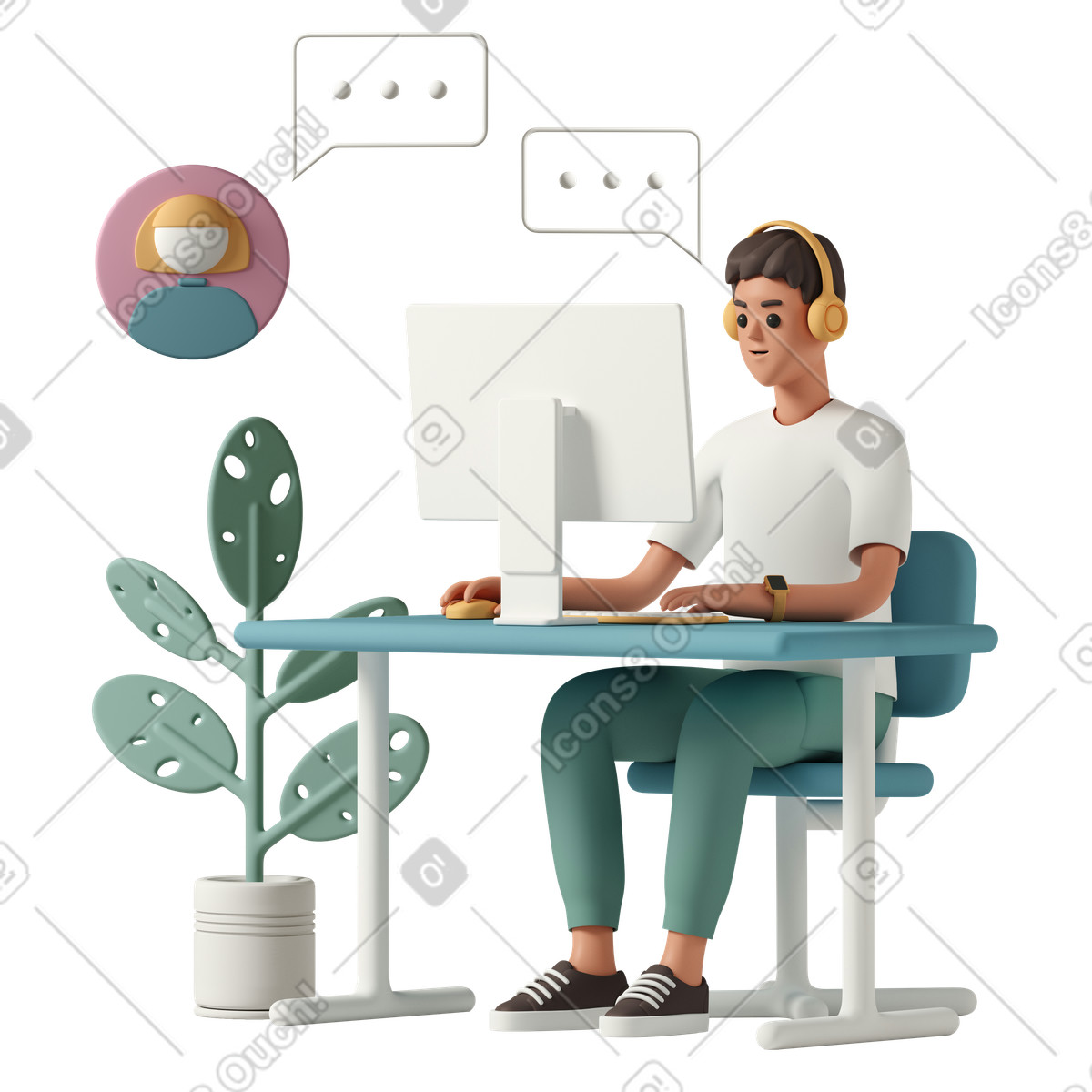 Man chatting remotely with female colleague illustrazione in stile 3D Casual life scarica in PNG, SVG
