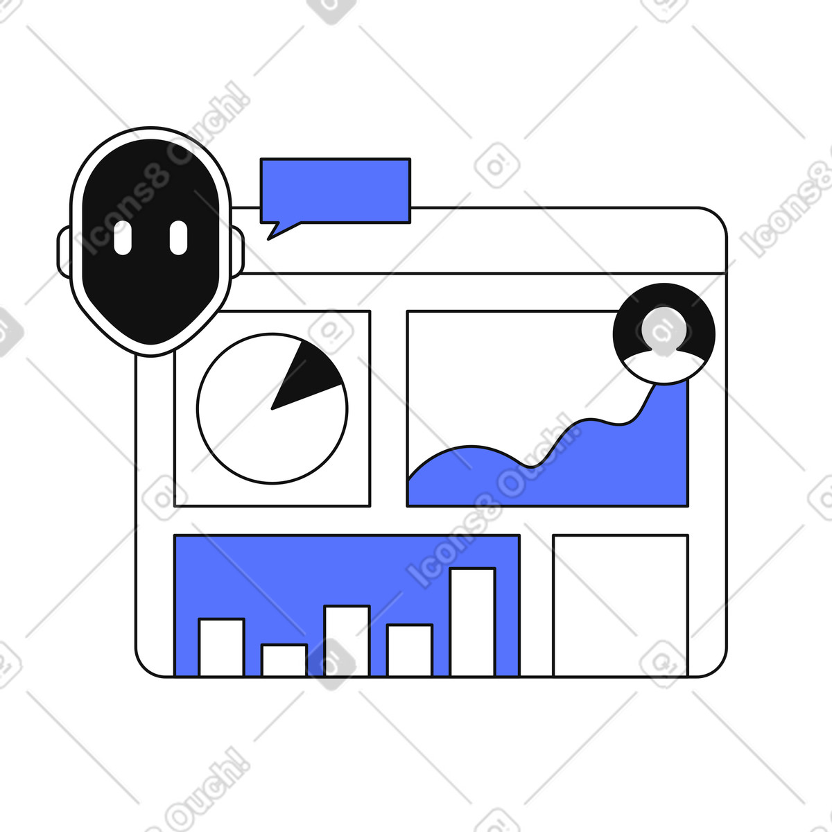Analytics dashboard with chatbot assistant supporting data visualization and insights-Illustration im Main-Stil als Download in PNG, SVG