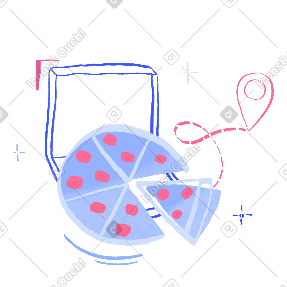 Ilustración Pizza en caja con pin de ubicación estilo Quirky a descargar PNG y SVG