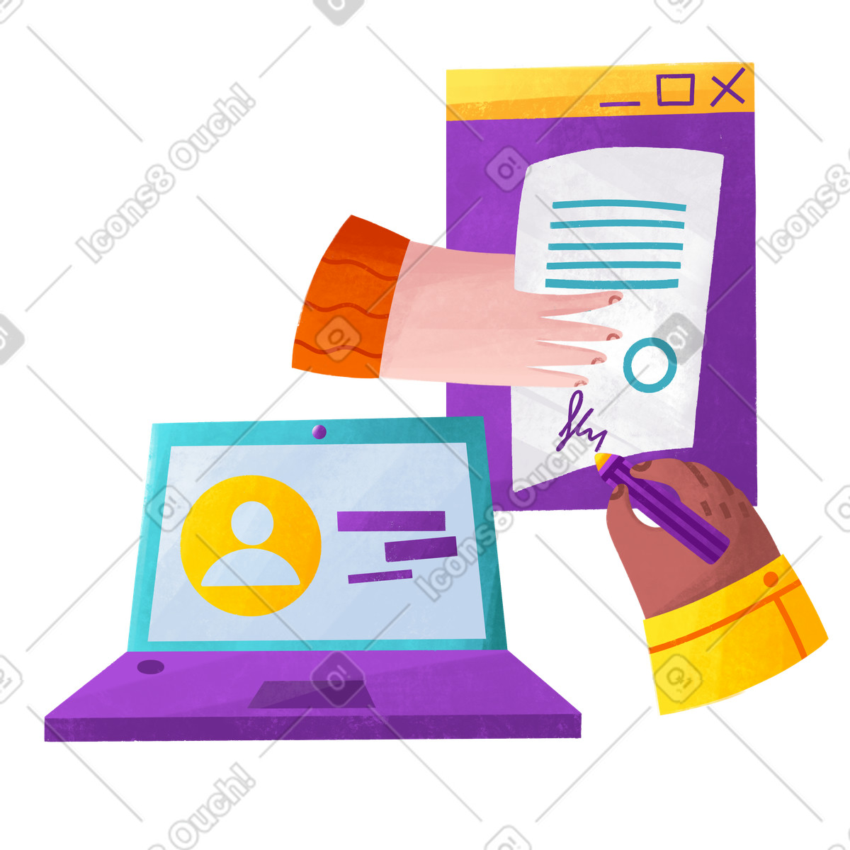 Digital signature on document with laptop, Online contract signing illustration in Bonbon style download in PNG, SVG