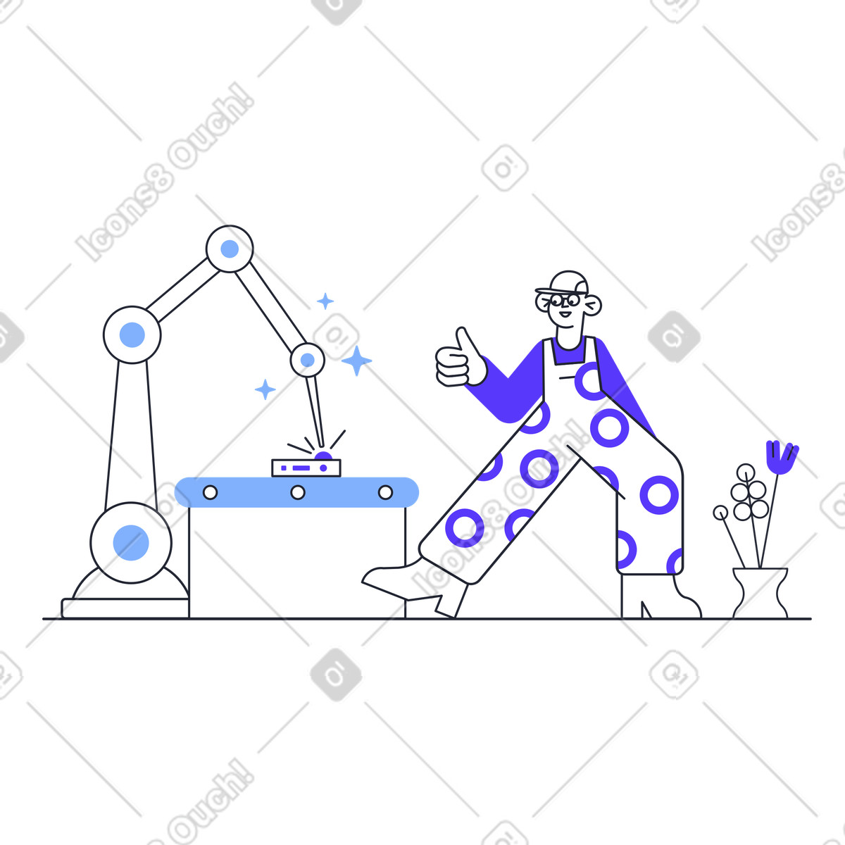 Illustration Guy approuvant le processus automatisé dans style Pablita à télécharger aux formats PNG, SVG