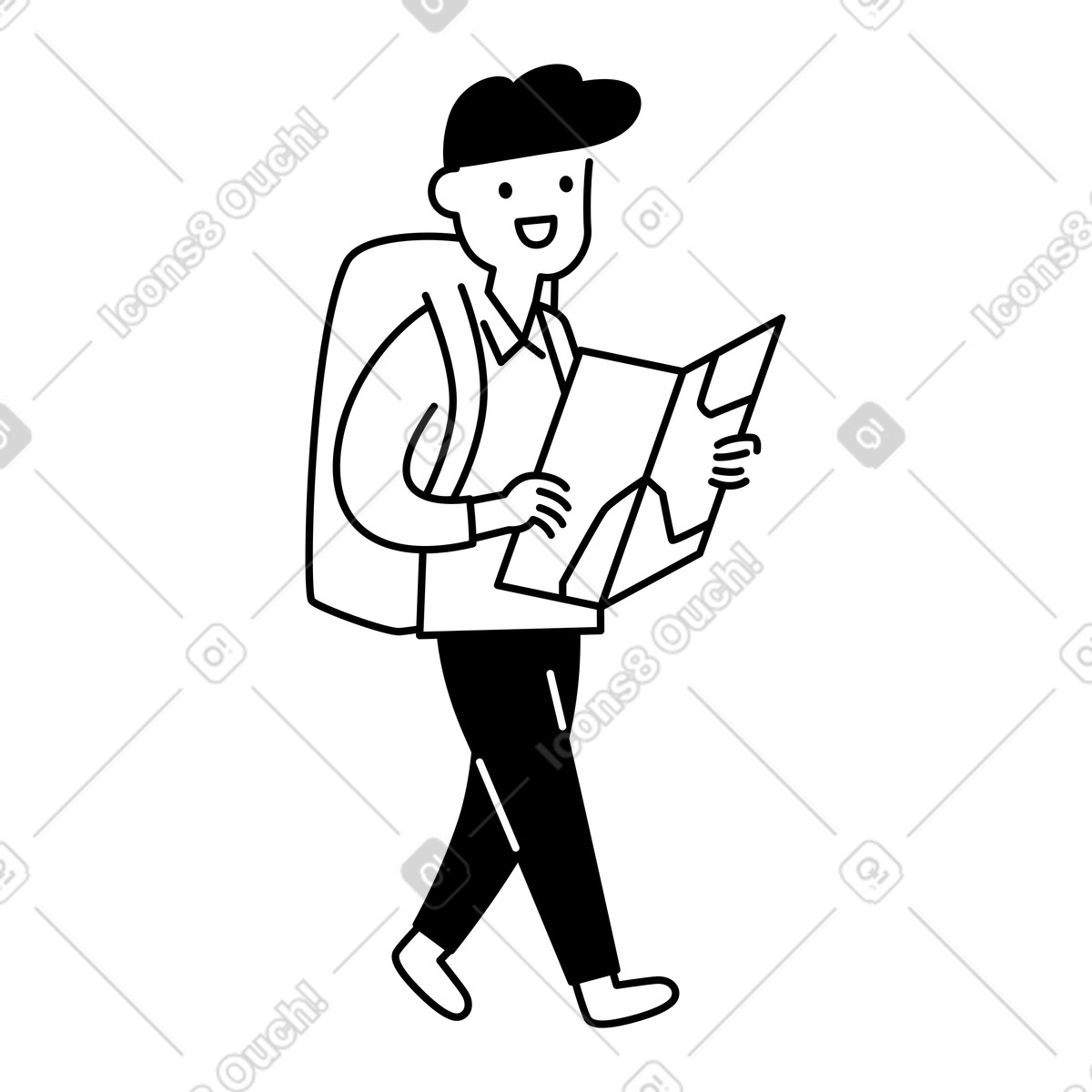 Notion Line Art スタイルの Traveler with backpack reading paper map while walking through city streets のイラストをPNG、SVG形式でダウンロード