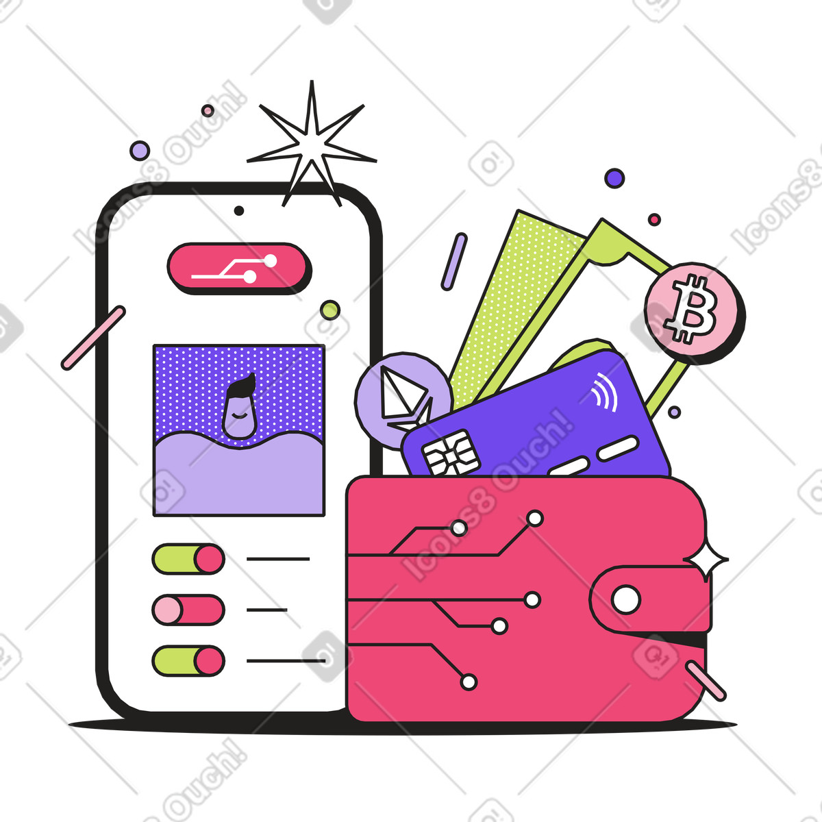 Smartphone and digital wallet with crypto icons, Fintech finance management-Illustration im Dazzle-Stil als Download in PNG, SVG