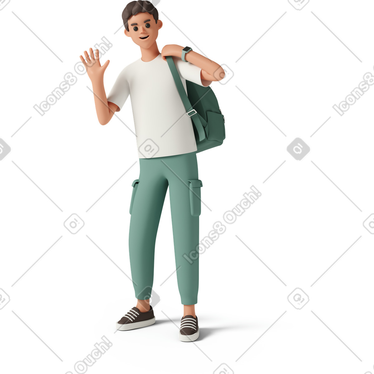 Ilustração de Young man with backpack on one shoulder waving em no estilo 3D Casual life para baixar em PNG, SVG