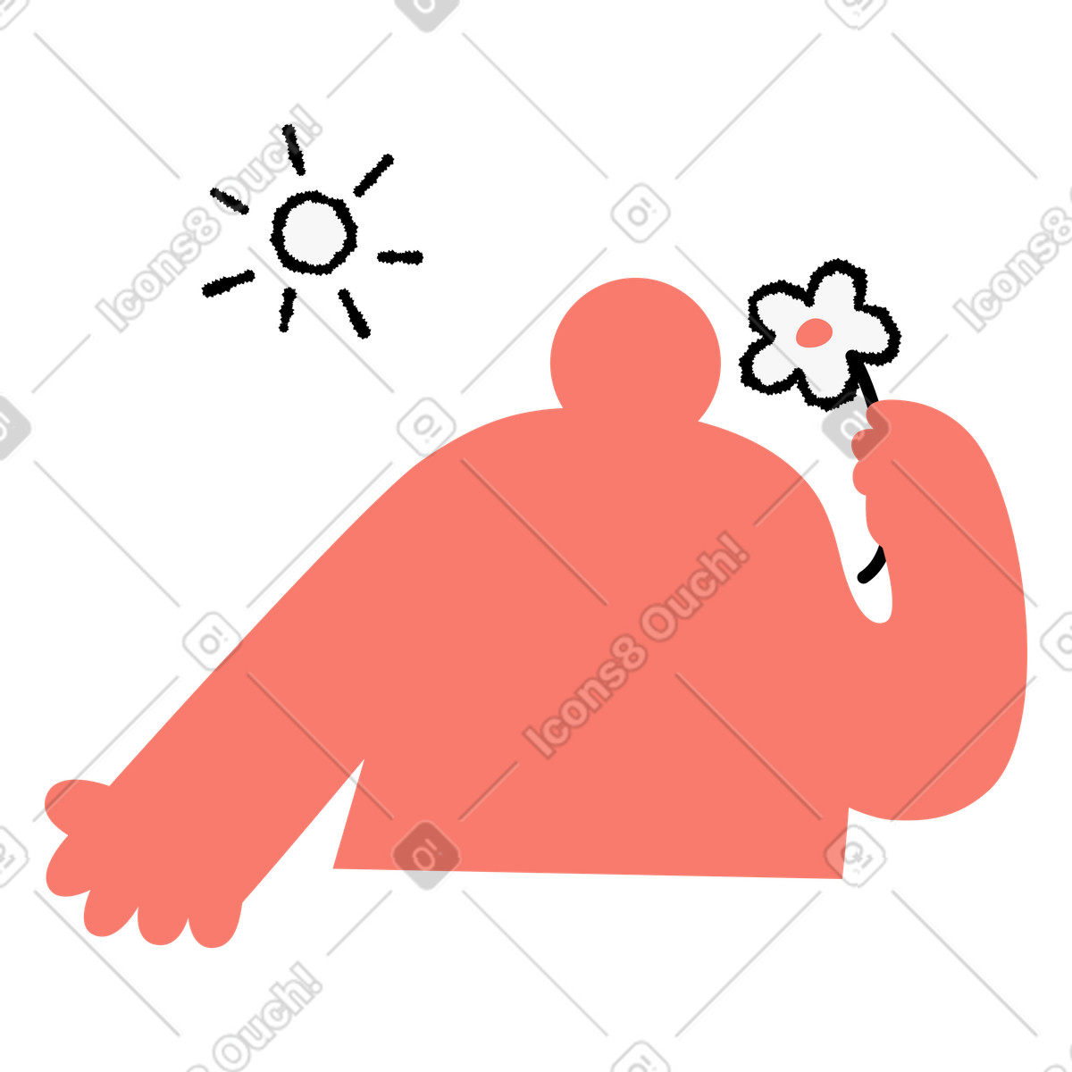 Bold People スタイルの Relaxed figure practicing gratitude holding daisy beneath shining sun のイラストをPNG、SVG形式でダウンロード