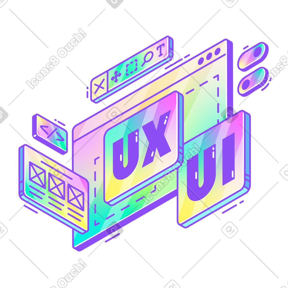 Colorful UX UI panels with toolbar, Modern web design and interface development illustration in Holographic style download in PNG, SVG