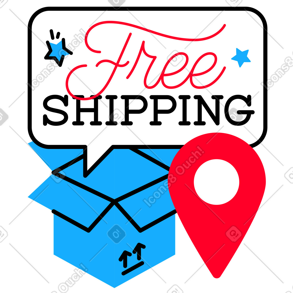 Schriftzug „kostenloser versand“ mit lieferbox und standortschild-Illustration im Transistor-Stil als Download in PNG, SVG