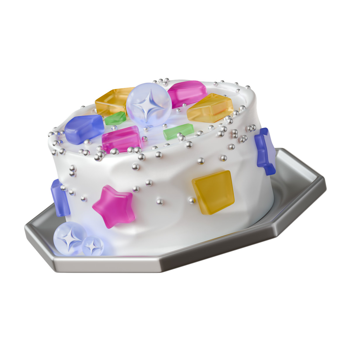3D Stickle スタイルの グミのデコレーションとスプリンクルを添えたケーキ のイラストをPNG、SVG形式でダウンロード
