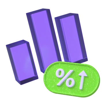 Three purple bars with a green percentage increase icon - 3D Boost style illustration