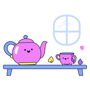 A smiling teapot with a shiny, rounded body sits on a wooden kitchen table. Its spout is curved elegantly, and it has a friendly face with bright, expressive eyes. Next to the teapot is a matching cup that also has a cheerful smile and wide eyes. The cup's handle is delicately shaped, and it reflects the light from the kitchen window. The table has a simple, checkered tablecloth, and there are a few scattered tea leaves around. The teapot and cup appear to be engaged in a lively conversation, adding an element of warmth to the scene.