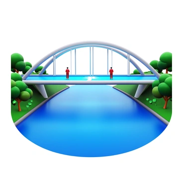 A futuristic bridge spanning over a river with a glowing hashtag pattern along the walkway