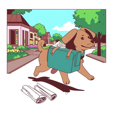 A small brown dog with floppy ears is wearing a teal messenger bag slung across its body. The dog is running energetically down a tree-lined street, its tail wagging enthusiastically. In front of the dog, a few rolled-up newspapers are scattered on the sidewalk, and a couple of newspapers are held securely in the bag. Surrounding the dog are charming houses with colorful flower beds, and a bright blue sky is visible overhead.
