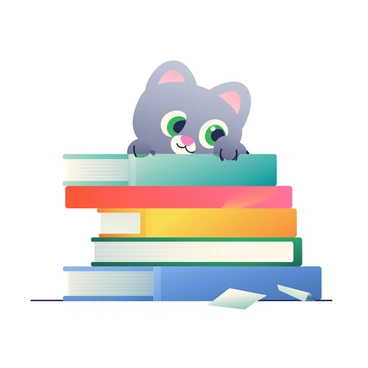 A small, fluffy gray kitten with bright green eyes is peeking out from behind a stack of colorful books. The stack consists of books with bright red, blue, yellow, and green covers, arranged haphazardly. The kitten's ears are perked up, showcasing its curiosity. Soft light illuminates the scene, highlighting the textures of the kitten's fur and the spines of the books. A few loose pages are scattered around the base of the stack, adding to the playful atmosphere.