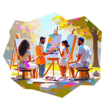 A diverse group of artists is gathered in a vibrant park, each engaged in their own unique painting styles. One artist with long curly hair and a colorful apron is using bold strokes to create an abstract landscape on a large canvas. Another artist, a woman with short hair and wearing glasses, is meticulously painting a detailed floral scene with vivid colors. A third artist, a man with a beard, uses a palette knife to apply thick layers of paint to a rustic scene of the park itself. Nearby, a young artist with brightly dyed hair is experimenting with splashes of color on a smaller canvas, creating a contemporary piece. The artists are surrounded by lush greenery, blooming flowers, and the gentle rustle of leaves, creating a lively and creative atmosphere.