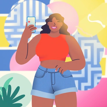 An influencer with long, wavy brown hair is standing in front of a large, colorful mural. She is holding a smartphone at arm's length, capturing a selfie. She is wearing a bright red crop top paired with high-waisted denim shorts. The mural behind her features a vibrant mix of blue, yellow, and pink hues, depicting abstract shapes and patterns. The sunlight casts a warm glow on her face, enhancing her smile as she poses. There are some tropical plants at the bottom of the mural, adding to the cheerful atmosphere of the scene.