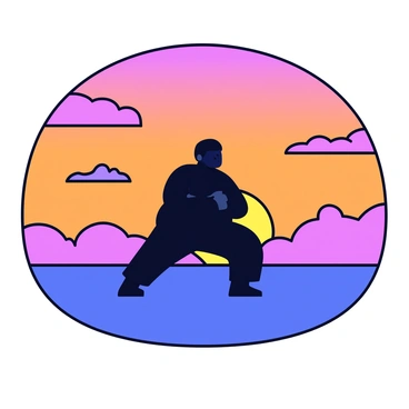 A silhouette of a person in a sumo squat position. The figure is centered in the foreground, showcasing the distinct stance with feet wide apart and hands clasped in front. The background features a vibrant sunset with a gradient of oranges, pinks, and purples seamlessly blending into one another. The horizon line is low, accentuating the expansive sky filled with scattered clouds illuminated by the sunset colors.