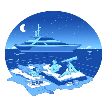 A blue yacht is gently swaying on calm waters under a clear, starry night sky. On the deck of the yacht, a group of guests is sprawled comfortably on white cushions, gazing up at the stars. One guest is reclining with a telescope, focused on a particular constellation, while others point excitedly at the twinkling stars above. The moon casts a soft glow over the scene, illuminating the smiles and awe on the faces of the guests. A small, white table nearby holds an assortment of snacks and drinks, completing the relaxing atmosphere of the night.
