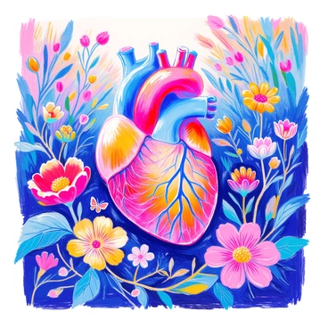 A human heart is nestled in a lush garden. Vividly colored flowers in various hues bloom around the heart, their petals open wide. Green vines twist and wrap around the arteries, extending outward and intertwining with the surrounding foliage. The heart appears vibrant and alive, each artery bursting with life as the vines and flowers thrive in the garden's rich environment. Butterflies flutter nearby, adding movement to the serene scene. Sunlight filters through the leaves, casting dappled patterns on the ground.