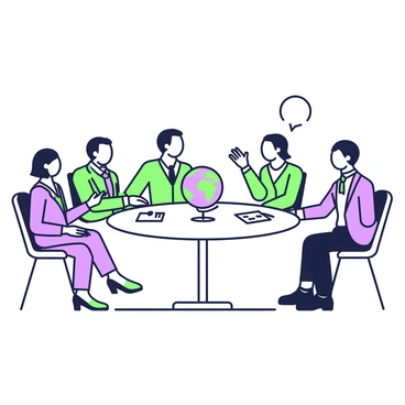 A group of diplomats from different countries is gathered around a round table. Each diplomat is dressed in formal attire, representing their respective nations. On the table, there are several documents and a few pens placed neatly. In the center, a globe is prominently displayed, symbolizing international cooperation. The diplomats are engaged in discussion, with some gesturing while others listen attentively. The atmosphere conveys a sense of collaboration and negotiation as they work towards mutual agreements.