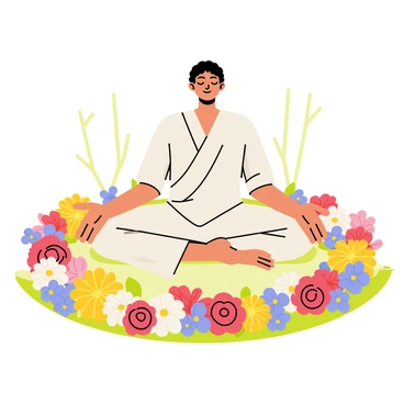 A person sitting cross-legged on the ground, wearing a simple, flowing white robe. The person has closed eyes and a peaceful expression, embodying meditation. Surrounding them is a vibrant circle of assorted flowers in full bloom, including red roses, yellow daisies, and blue forget-me-nots. The flowers are arranged neatly, creating a colorful border. Green grass underlies the scene, adding a natural touch. Sunlight filters gently through nearby trees, casting soft shadows in the area.