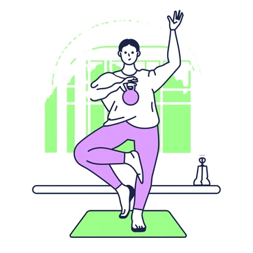 An individual is performing a goblet squat as part of a yoga flow session. The person is standing on a mat, holding a kettlebell close to their chest with both hands. Their feet are shoulder-width apart, and their back is straight as they lower into the squat position. In the background, there are large windows allowing natural light to filter into the room, casting shadows on the floor. The individual has a focused expression as they transition smoothly into the next yoga pose, which involves raising one arm overhead while maintaining the squat position, showcasing balance and strength.