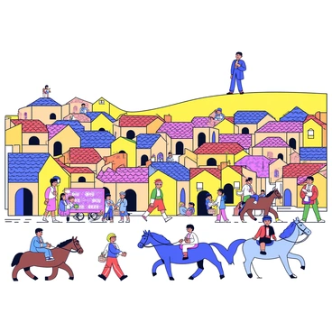 A vibrant colonial town scene filled with small buildings featuring stucco facades and tiled roofs, bustling with townsfolk. In the foreground, a market square showcases vendors selling fruits and fabrics, while children play nearby. Horses and carriages navigate the cobblestone streets, and women with traditional dresses carry baskets. In the distance, a figure resembling “Mier y Teran” stands on a hill, gazing down at the lively town with a thoughtful expression. The sky above is clear, adding brightness to the atmosphere.