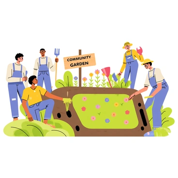 A diverse group of people is working together to plant a community garden. There are individuals of different ethnicities and ages, including a young girl with curly hair wearing a bright yellow shirt, a middle-aged man with glasses holding a trowel, and an elderly woman with a sun hat planting flowers. They are surrounded by lush green soil, colorful flower seedlings, and vegetable plants. Some people are digging holes while others are watering the plants. A wooden sign that reads "Community Garden" is positioned in the background, and tools like shovels and watering cans are scattered around them.