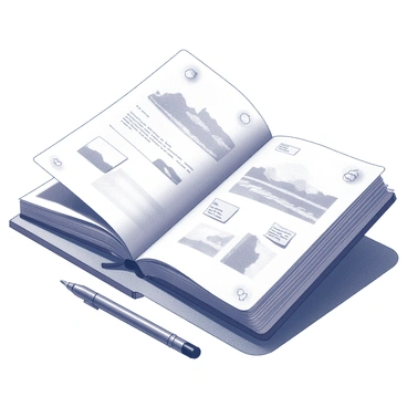 An open journal resting on a wooden table. The pages are filled with various sketches, showcasing pencil lines and shaded areas that indicate landscapes, objects, and figures. Several slips of paper are pinned to the pages, some featuring handwritten notes and ideas. The journal's cover is textured, and the table beneath it has a rustic finish, enhancing the scene's creative atmosphere. A pen lies beside the journal, indicating recent use.