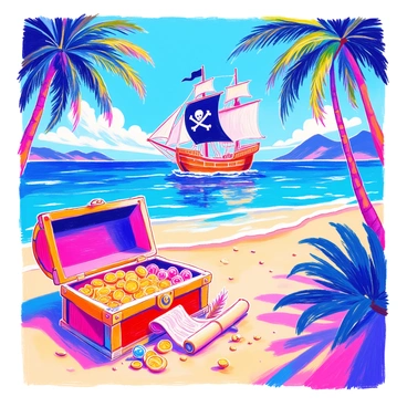 A vibrant illustration features a pirate ship sailing on the sparkling blue sea. The ship has a large black flag with a skull and crossbones, billowing sails, and a wooden hull. In the foreground, a treasure chest is partially buried in the golden sand of a tropical beach. The chest is open, revealing glimmering gold coins, sparkling jewels, and a rolled-up map. Lush green palm trees frame the scene, swaying gently in the breeze, while a clear blue sky stretches overhead, dotted with a few fluffy white clouds.