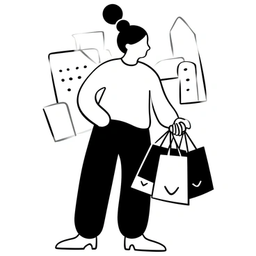 A person wearing a loose-fitting t-shirt and relaxed pants is standing while holding several shopping bags in one hand. The bags are varied in size and design, with handles hanging down. The person's other hand is resting by their side. The scene is set against a simple urban backdrop, with outlines of buildings visible in the background.