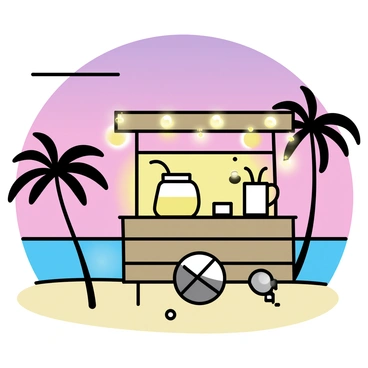 A lemonade stand made of wood is positioned on a sandy beach. The stand is adorned with glowing fairy lights, illuminating the area with a warm, inviting glow. In the background, the sun is setting on the horizon, casting vibrant shades of orange and pink across the sky. A few tall palm trees are silhouetted against the colorful sky. A pitcher of lemonade sits on the stand, surrounded by cups ready for serving.