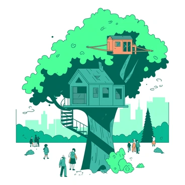 A teal unique tree house is nestled among the branches of a large green tree, featuring a spiral staircase leading to a cozy entrance. The tree house has large windows and a small balcony overlooking the park below. Nearby, another tree house is painted in a contrasting orange color, built higher in the tree with a rope bridge connecting it to the first. Around the tree houses, there are green leaves swaying gently in the breeze, and the park is filled with people walking and enjoying the scenery. The urban skyline of Berlin provides a modern backdrop to this serene setting.