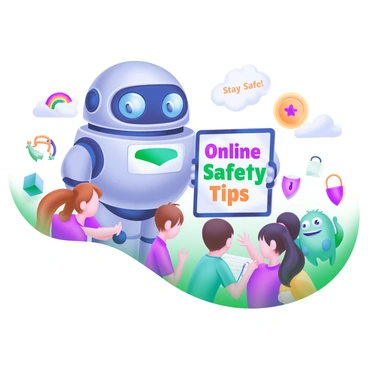 A friendly robot with a shiny metallic exterior and big, expressive eyes stands in a colorful cartoon environment. The robot holds a tablet displaying the words "Online Safety Tips" in bold, playful letters. Surrounding the robot are lively cartoon elements, including smiling clouds, a rainbow, and various digital icons like a shield, a lock, and a friendly monster with a speech bubble saying "Stay Safe!" Children of diverse backgrounds are gathered around, listening attentively to the robot while some are taking notes. The scene is vibrant and filled with joy, emphasizing a sense of learning and fun.
