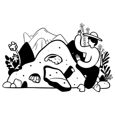 A paleontologist in a wide-brimmed hat kneeling on the ground, carefully brushing away dirt from a large fossil embedded in a rock. The rocky landscape features jagged outcrops and scattered stones. Surrounding the paleontologist are various ancient plants, such as ferns and cycads, intricately detailed in their form. In the background, the silhouettes of large, prehistoric creatures can be seen partly hidden among the vegetation, creating a sense of an ancient world.