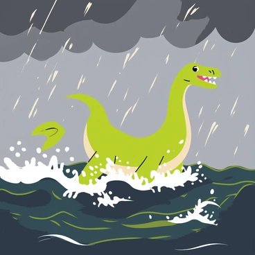 A mosasaurus with a long, streamlined body is swimming through tumultuous waves in a stormy sea. The sky is filled with dark grey clouds, and flashes of lightning can be seen illuminating the scene. The mosasaurus has a powerful tail propelling it forward, with its mouth open, revealing sharp teeth. Whitecaps form on the waves, and rain is pouring down, creating splashes around the creature. The water is a mixture of dark blue and green, capturing the chaotic nature of the storm.
