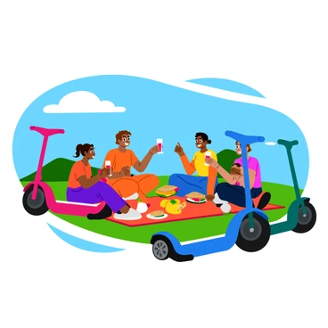 A group of four friends sitting on a colorful picnic blanket under a bright blue sky. They are enjoying a variety of food items spread out on the blanket, including sandwiches, fruits, and drinks. Nearby, several mini segways are parked in a circle, showcasing their sleek designs in vibrant colors like red, blue, and green. The friends are laughing and chatting, with one person holding a slice of watermelon while another raises a drink in a toast. In the background, a few fluffy white clouds drift lazily across the sky, adding to the cheerful atmosphere.