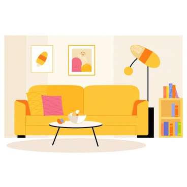 A cozy room with furniture and decor themed around candy corn