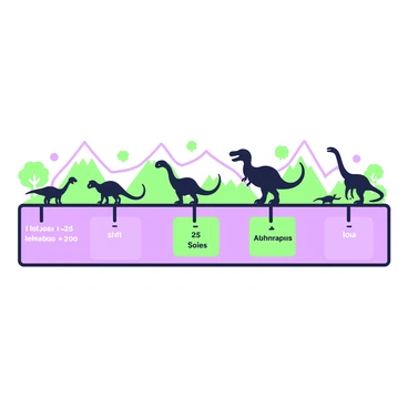 An illustrated chart depicting the evolution of dinosaurs across different geological periods. The chart features a horizontal timeline with clear markers for each period, labeled with the names of the eras. Along the timeline, various dinosaur species are represented in silhouette, showcasing their distinct shapes and sizes. Each dinosaur silhouette is accompanied by a brief description below, indicating its name and time period. The background includes subtle geological features, such as mountain outlines and tree silhouettes, to emphasize the prehistoric environment.