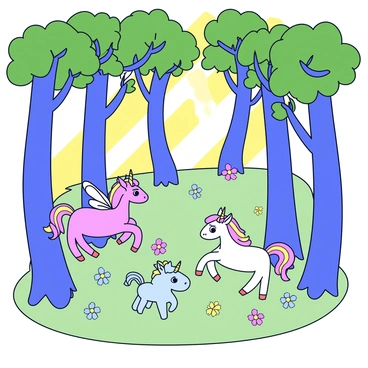 A dense forest with tall, slender trees that have thick, green leaves. Sunlight filters through the branches, creating dappled light on the forest floor covered with soft moss. Various mystical creatures are partially visible, including a small fairy with delicate wings and a curious unicorn with a shimmering mane. The creatures are positioned among the trees, their expressions intrigued as they observe the surroundings. Small colorful flowers bloom in clusters at the base of the trees, adding vibrant pops of color to the scene.