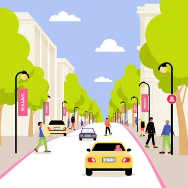 A scenic drive through the streets of Madrid featuring a wide avenue lined with green trees. Colorful "Real Madrid" banners are hanging from lampposts and along the buildings. Cars are moving along the road, showcasing a mixture of different vehicles. The sky above is bright blue with a few fluffy white clouds scattered throughout. People are walking along the sidewalks, enjoying the vibrant atmosphere of the city.